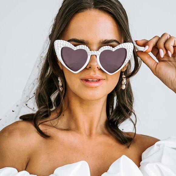 ?Women White Bride Sunglasses Pearl Heart Bachelorette Party Favors Accessory main image 7